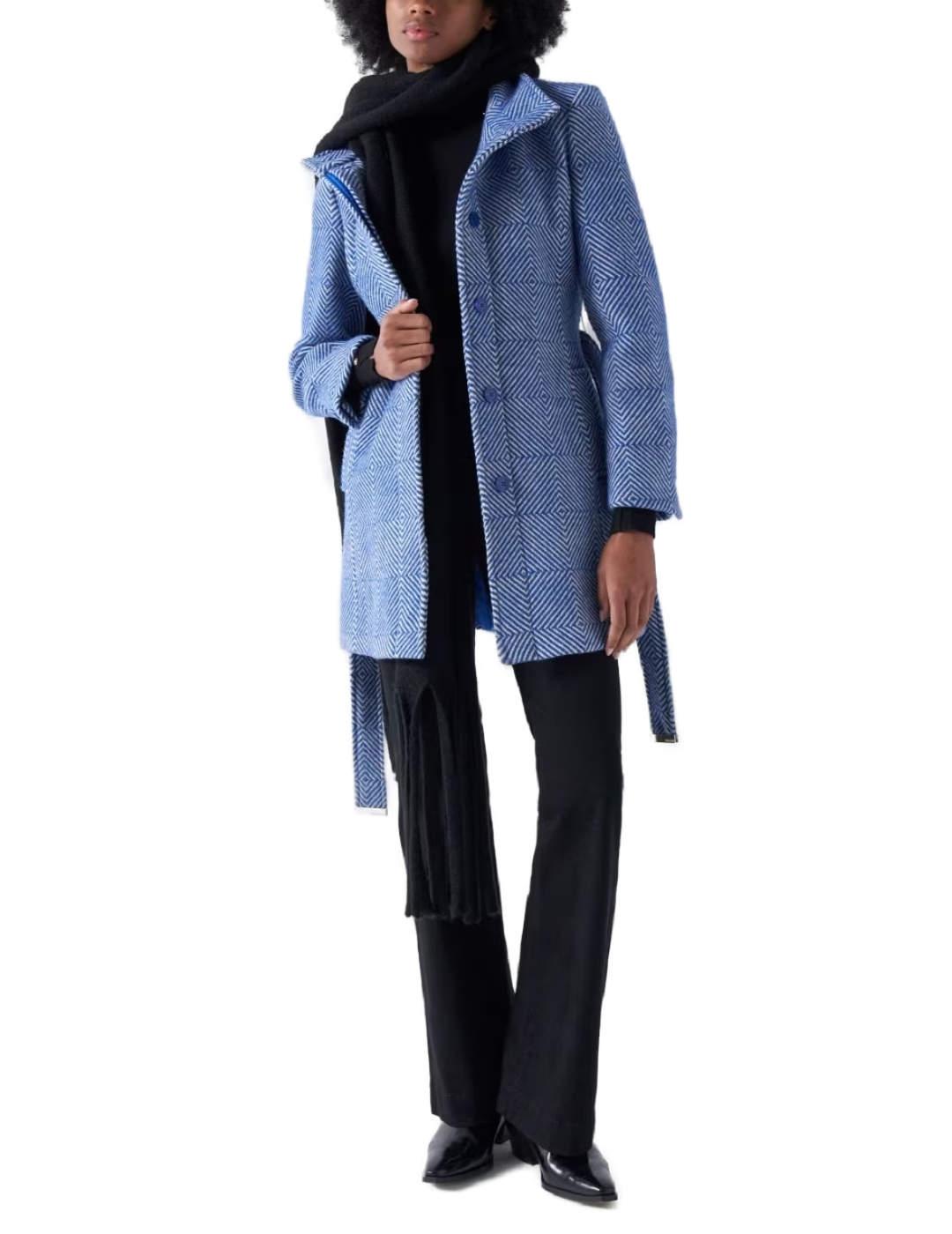 Abrigo Salsa Burel de lana geométrico azul y blanco de mujer