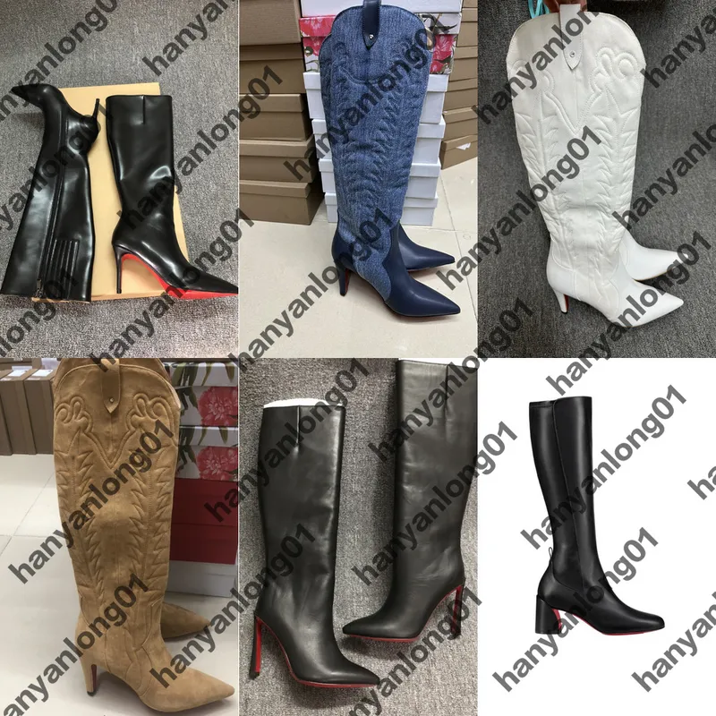 Botas de tacón rojo Bd Bottom Woman Riebre sobre la rodilla Tisos High Lady Sexy Invierno de cuero negro Martin Booties cortos B
