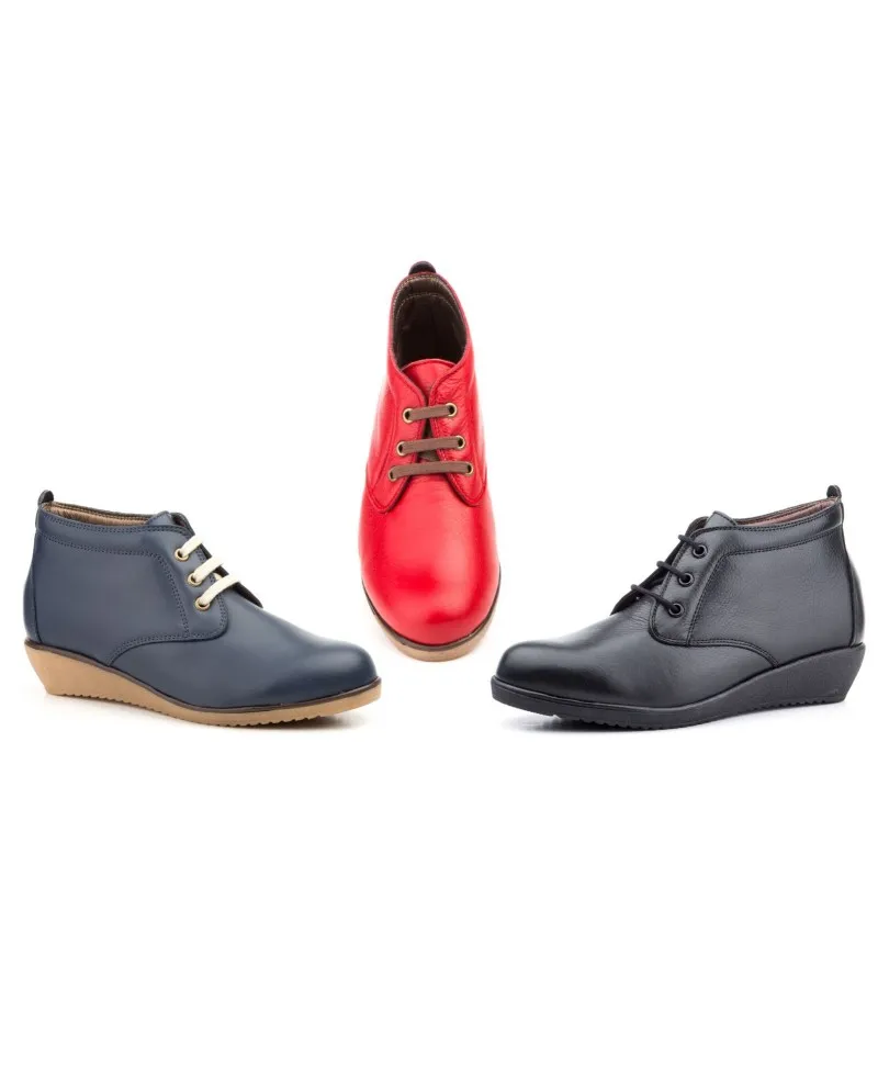 Botín Mujer Piel Marino Rojo Negro Cuero Cordones Cuña