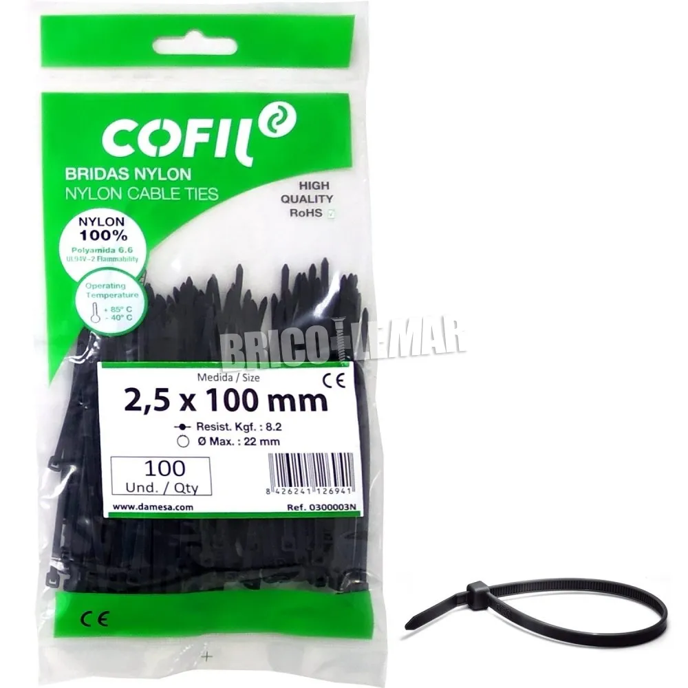 Brida nylon dentada 100x2.5 negra bolsa 100 unidades Kabra