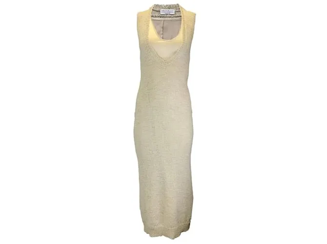Brunello Cucinelli Vestido largo de punto con forro de seda en beige 