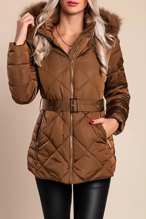 Chaqueta corta acolchada con capucha, camello