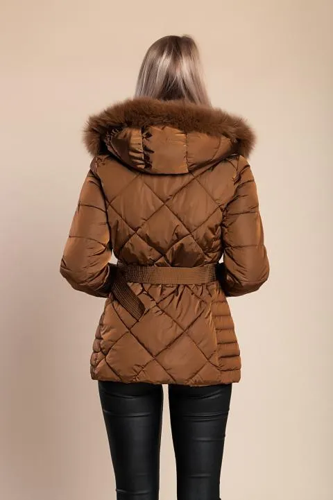 Chaqueta corta acolchada con capucha, camello