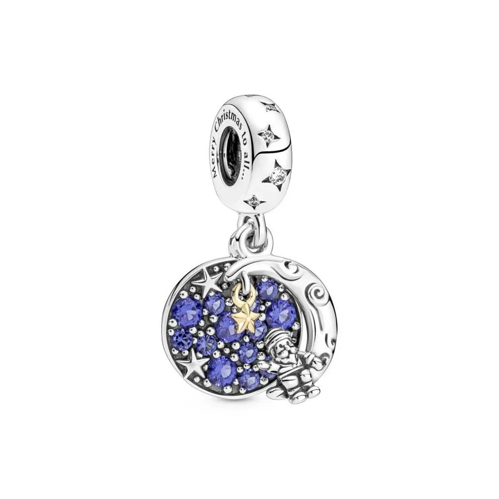 Charm colgante doble de plata de ley con recubrimiento de oro de 14k Santa Claus en la Luna