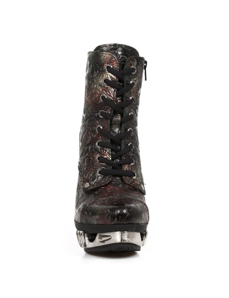 DEEP RED PATTERNED LACEUP MAGNETO ANKLE BOOTS