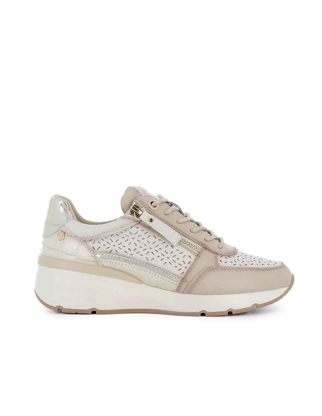 Deportiva cremallera y cordones piel calada beige contraste mujer CARMELA