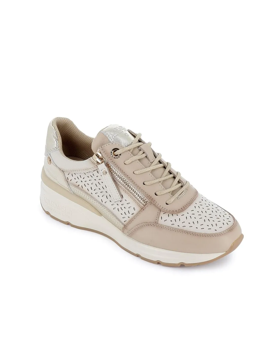 Deportiva cremallera y cordones piel calada beige contraste mujer CARMELA