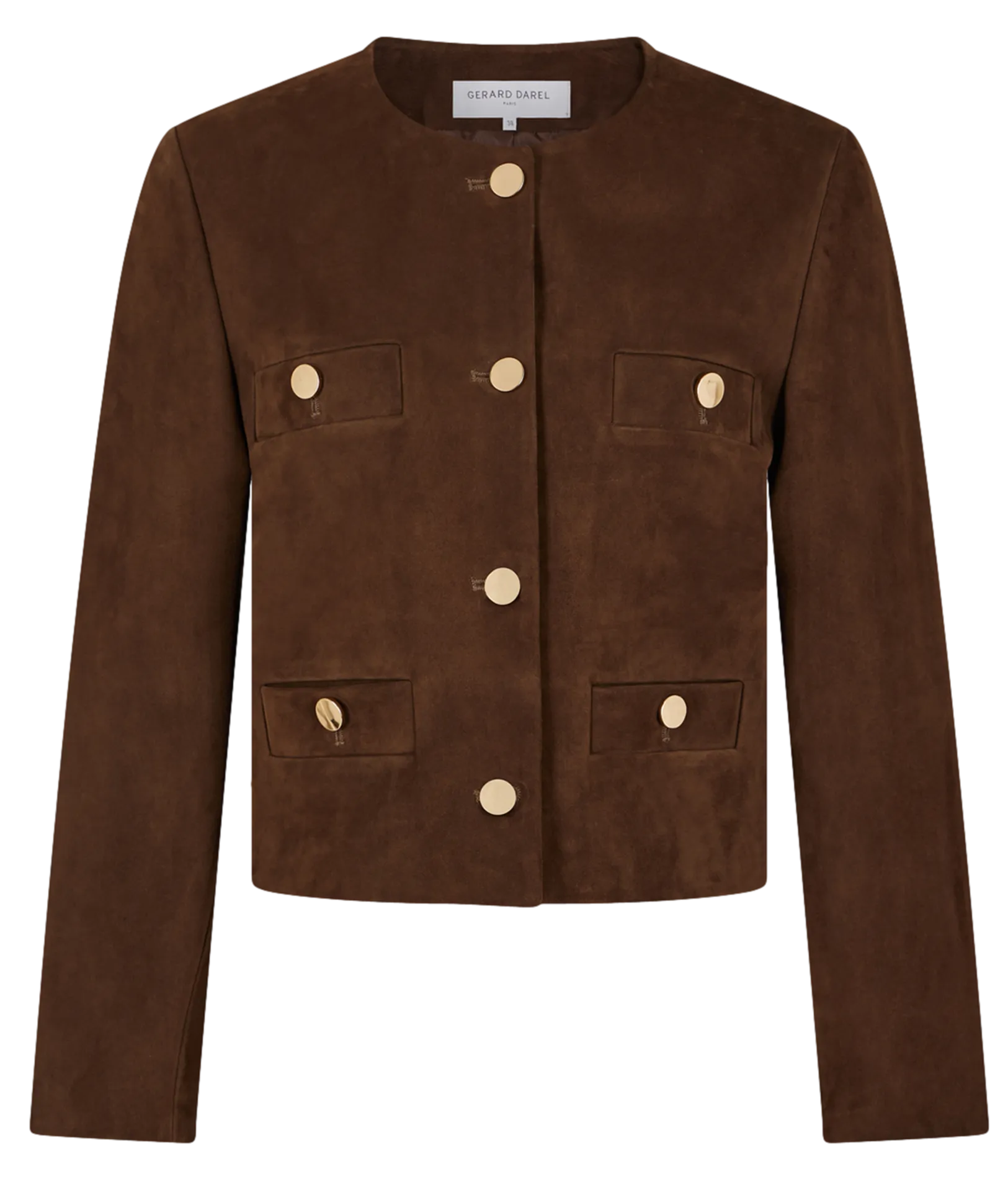 GERARD DAREL BELINA  CHAQUETA CORTA DE CUELLO REDONDO RECTA DE CUERO ATERCIOPELADO EN MARRON