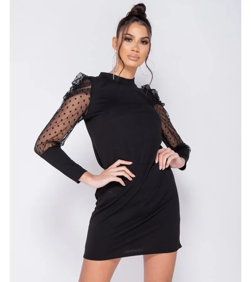 LUNARES SHEER MANGA ABULTADA AJUSTADO DE MINI VESTIDO  MUJER  NEGRO