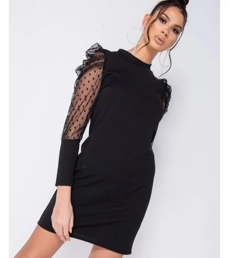 LUNARES SHEER MANGA ABULTADA AJUSTADO DE MINI VESTIDO  MUJER  NEGRO
