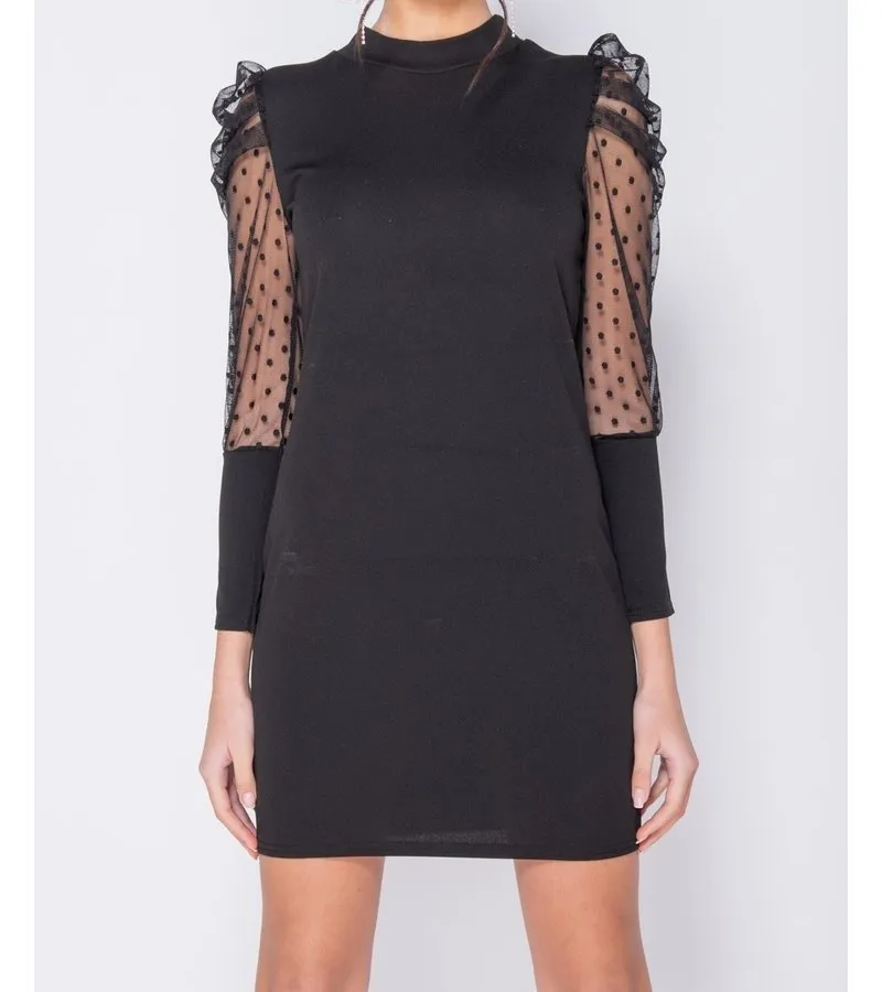 LUNARES SHEER MANGA ABULTADA AJUSTADO DE MINI VESTIDO  MUJER  NEGRO