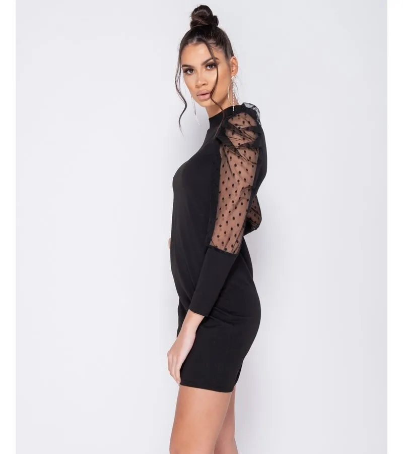 LUNARES SHEER MANGA ABULTADA AJUSTADO DE MINI VESTIDO  MUJER  NEGRO