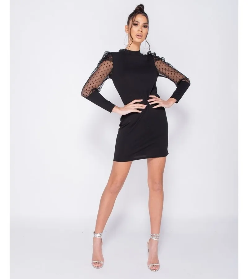 LUNARES SHEER MANGA ABULTADA AJUSTADO DE MINI VESTIDO  MUJER  NEGRO