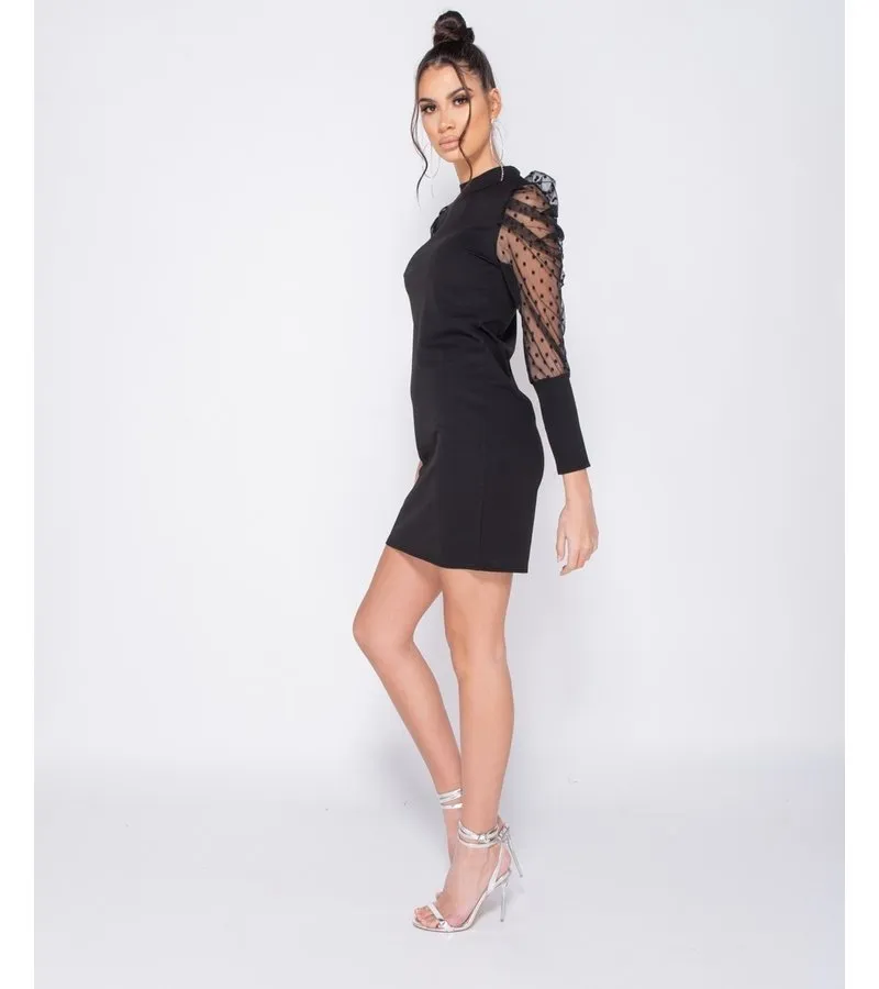 LUNARES SHEER MANGA ABULTADA AJUSTADO DE MINI VESTIDO  MUJER  NEGRO