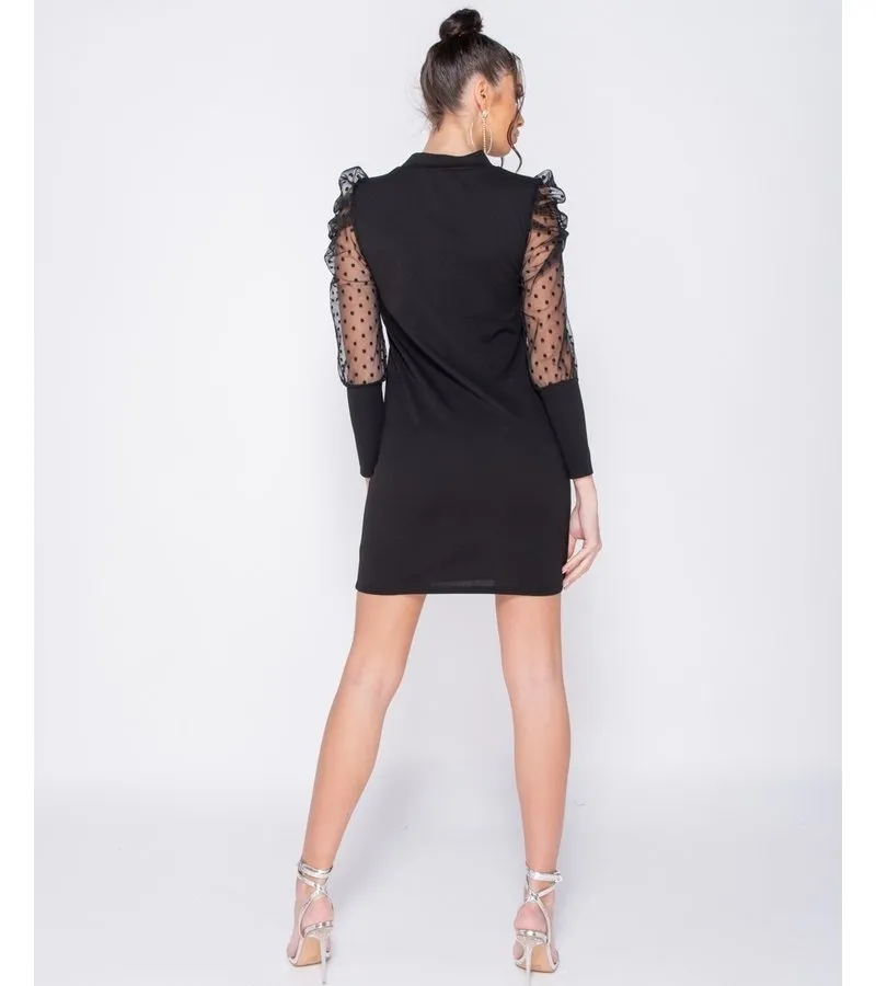 LUNARES SHEER MANGA ABULTADA AJUSTADO DE MINI VESTIDO  MUJER  NEGRO