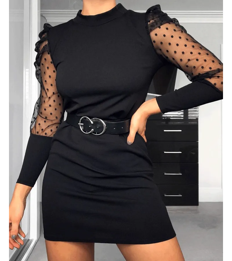 LUNARES SHEER MANGA ABULTADA AJUSTADO DE MINI VESTIDO  MUJER  NEGRO