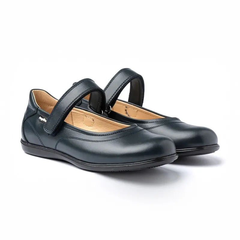 Merceditas Colegiales Niña Piel Napa Velcro 460 Marino, de Angelitos