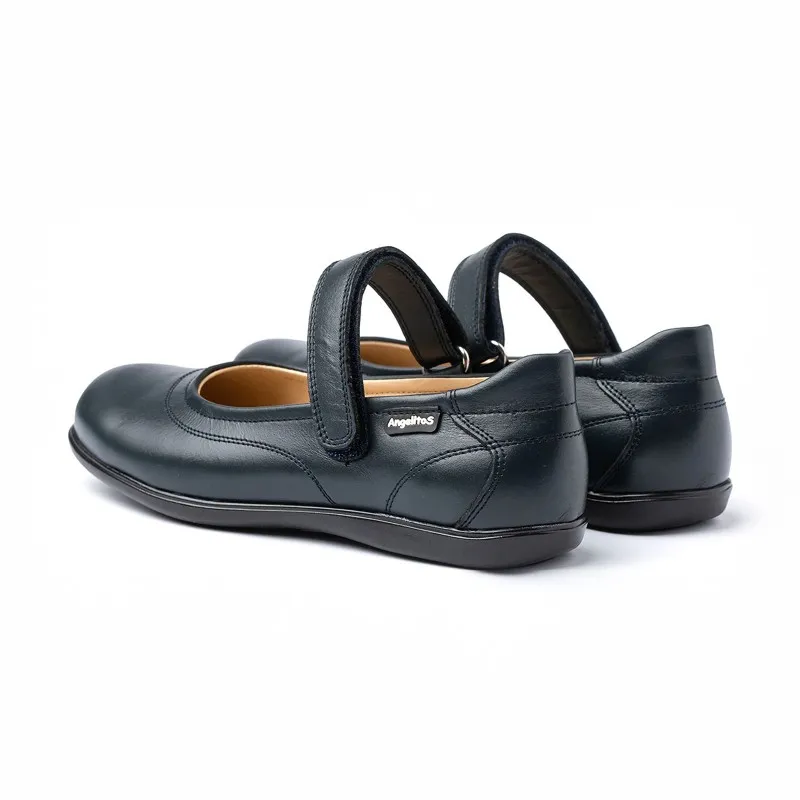 Merceditas Colegiales Niña Piel Napa Velcro 460 Marino, de Angelitos