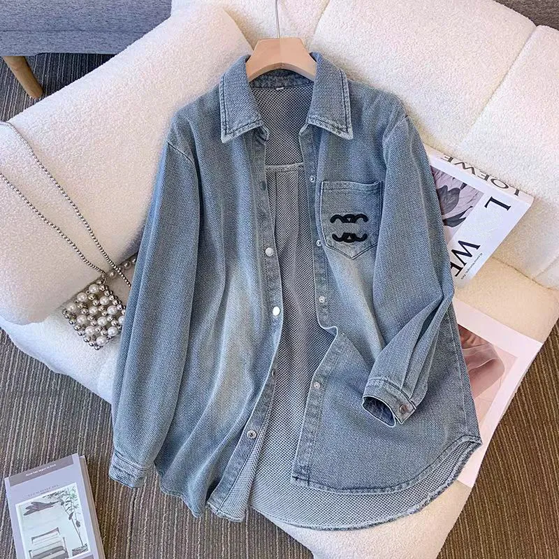 Nuevo diseño, camisa de blusa de mezclilla con bordado de manga larga y cuello vuelto para mujer, dos colores S M L XL