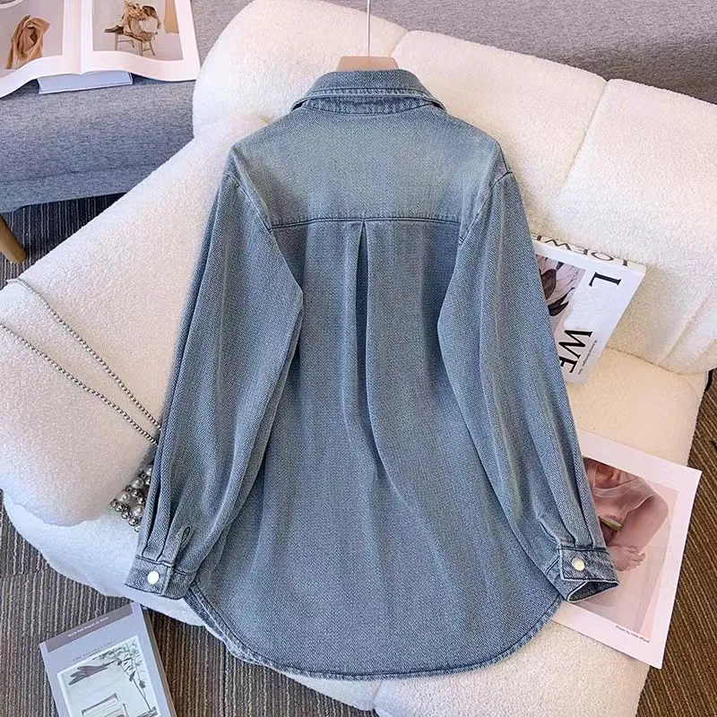 Nuevo diseño, camisa de blusa de mezclilla con bordado de manga larga y cuello vuelto para mujer, dos colores S M L XL