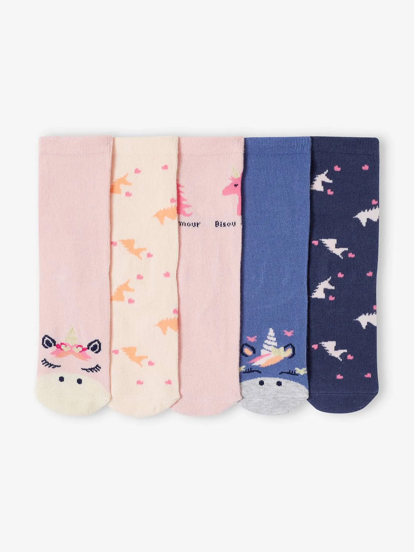 Pack de 5 pares de calcetines con unicornios y corazones para niña