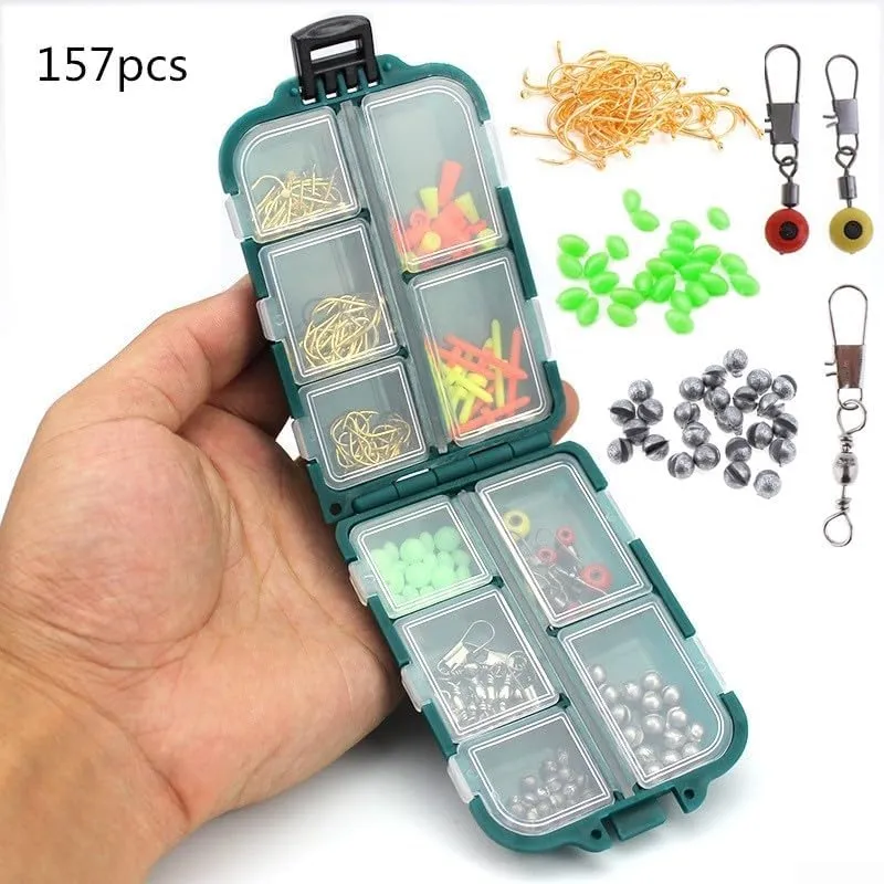 Paquete de accesorios de pesca de 157 piezas con caja de aparejos que ahorra espacio para un fácil transporte