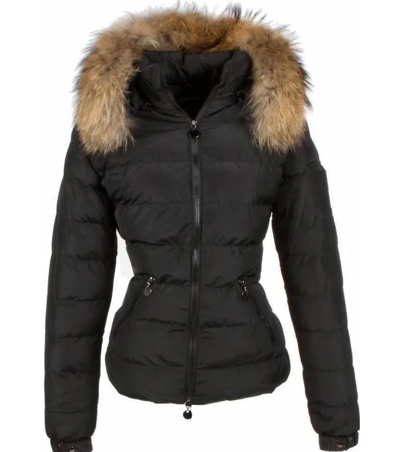 PARKAS MUJER  MUJERES ABRIGO DE INVIERNO CORTO  CAPUCHA PELO 2 CREMALLERA  NEGRO