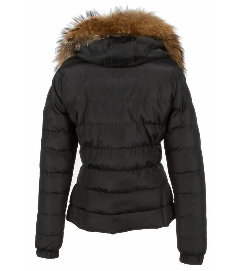 PARKAS MUJER  MUJERES ABRIGO DE INVIERNO CORTO  CAPUCHA PELO 2 CREMALLERA  NEGRO