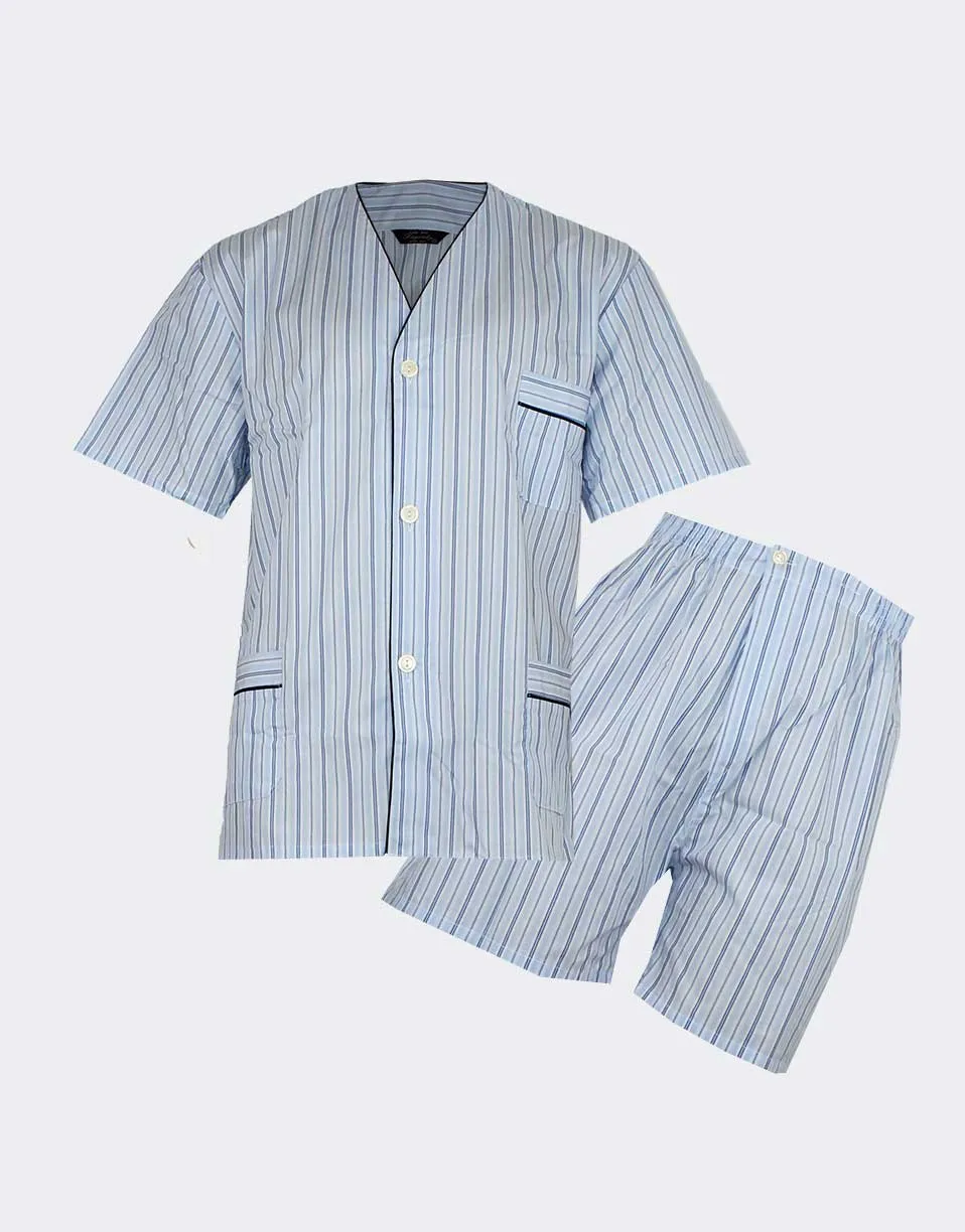 Pijama hombre TELA CORTO abierto rallas azul