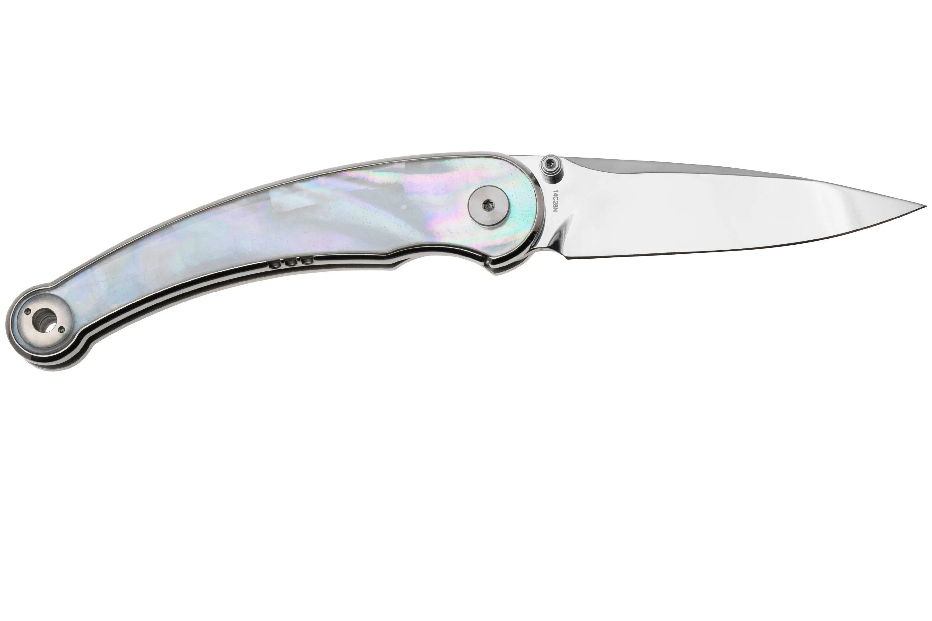 QSP KNIFE DOLPHIN 161C POLISHED 14C28N, WHITE PEARL SHELL, NAVAJA