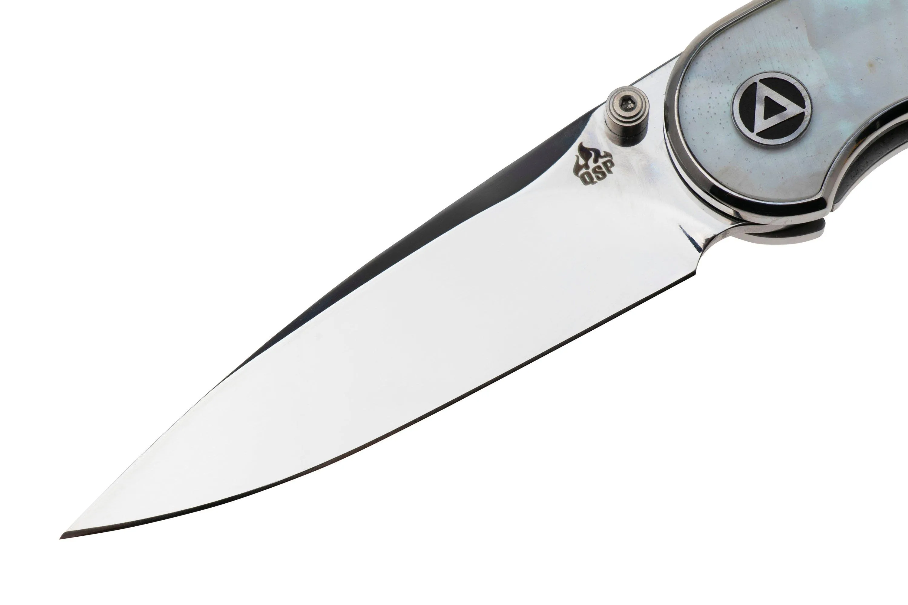 QSP KNIFE DOLPHIN 161C POLISHED 14C28N, WHITE PEARL SHELL, NAVAJA