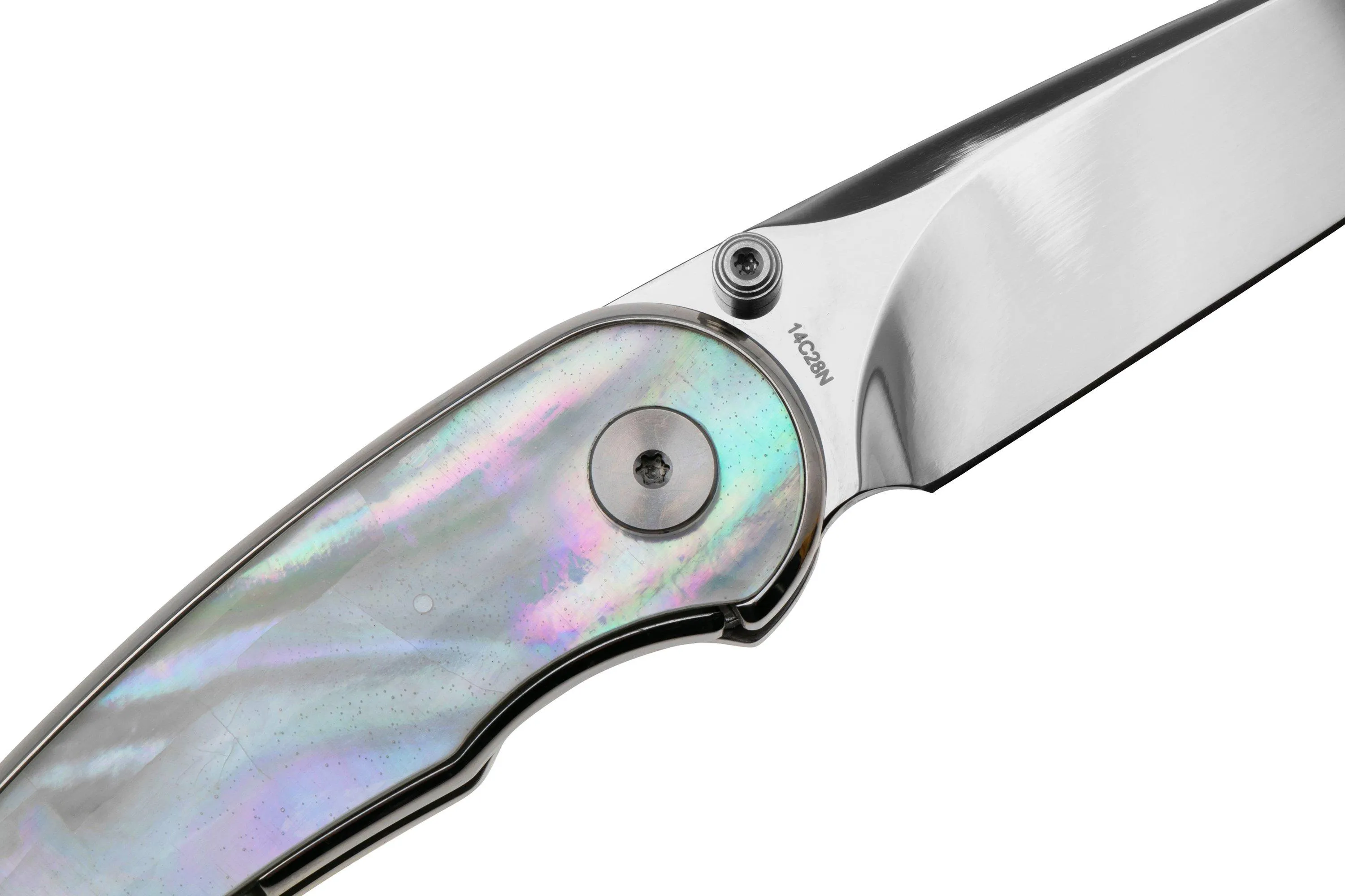 QSP KNIFE DOLPHIN 161C POLISHED 14C28N, WHITE PEARL SHELL, NAVAJA