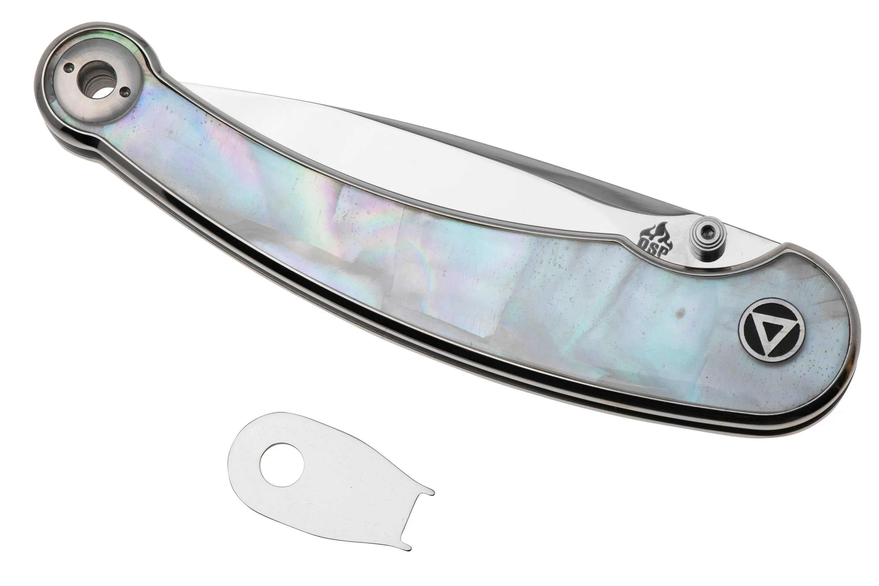 QSP KNIFE DOLPHIN 161C POLISHED 14C28N, WHITE PEARL SHELL, NAVAJA