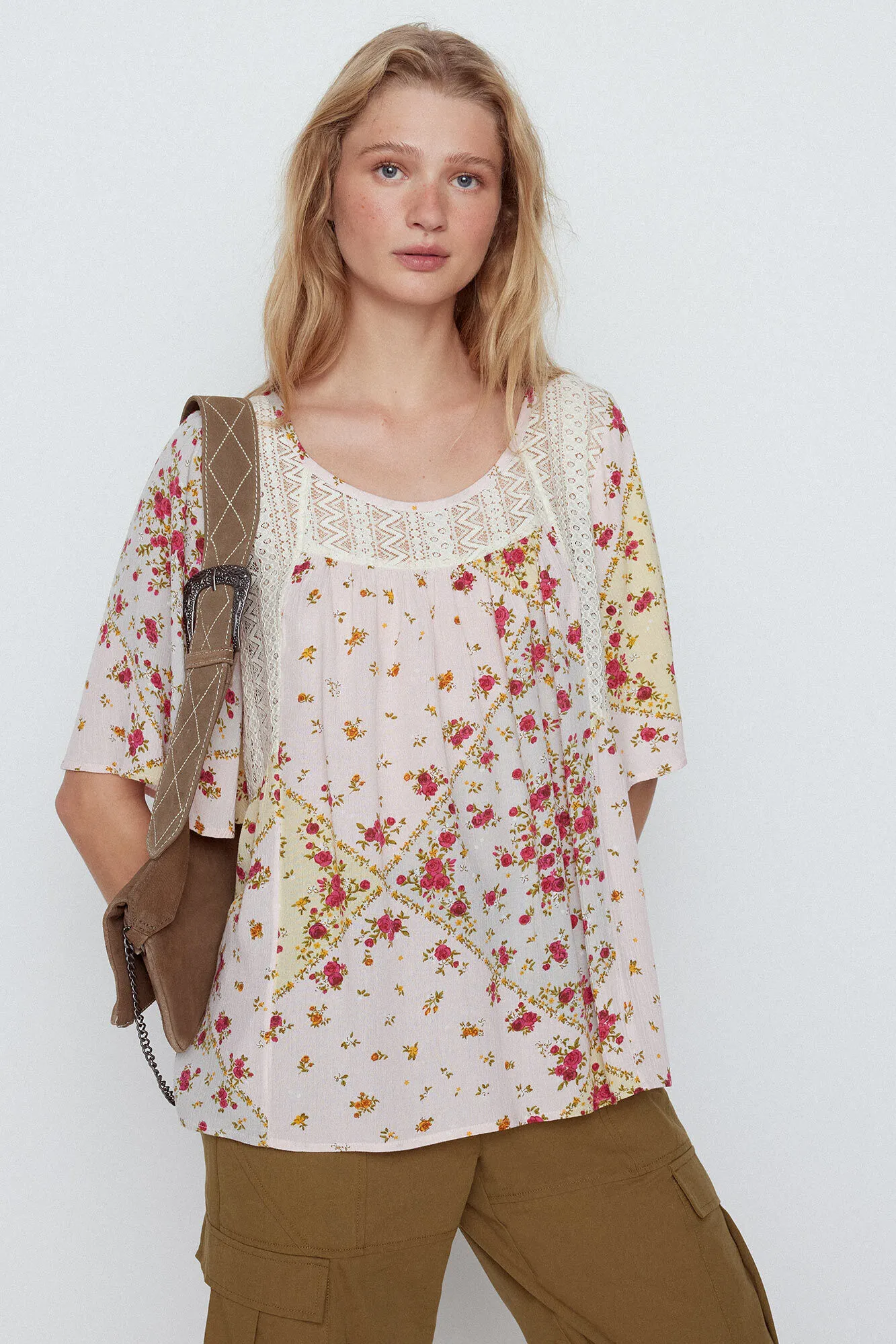 Slowlove Blusa combinada estampado patchwork