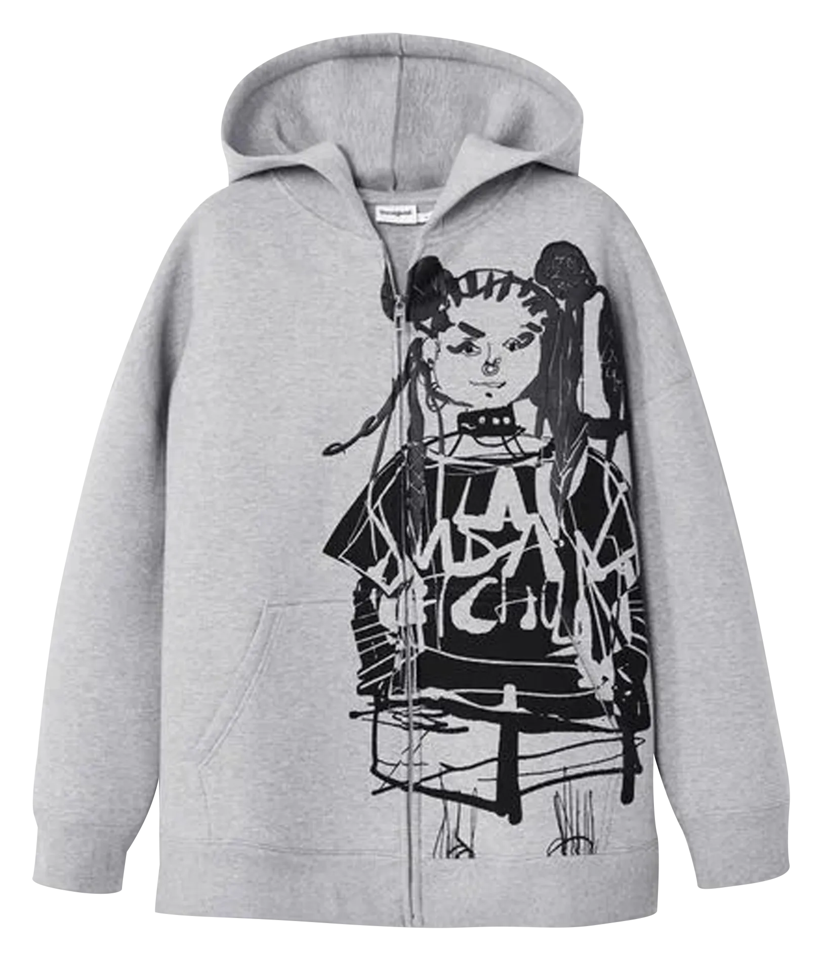 Sudadera amplia con estampado y cierre de cremallera. en negro
