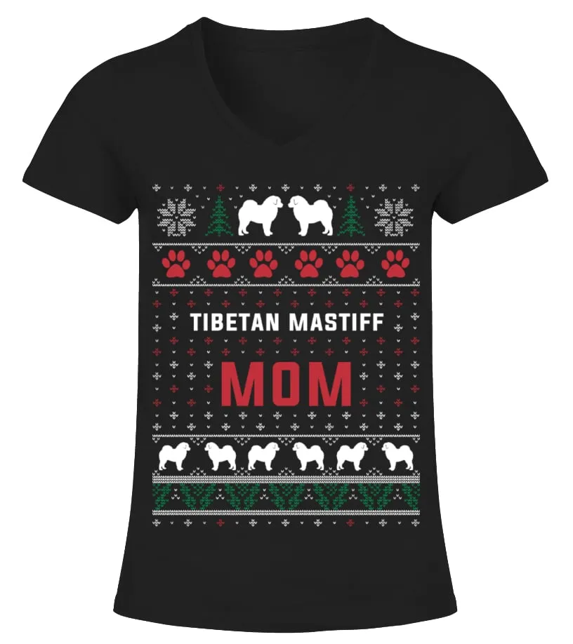Tibetan Mastiff Mom Christmas Sweater Camiseta cuello pico Mujer