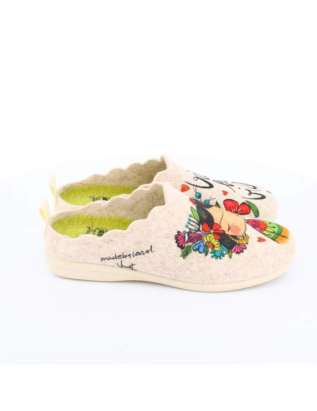 Zapatilla de Casa "Vive la vida" Fieltro Beig