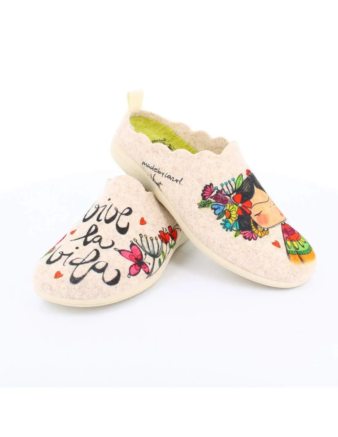 Zapatilla de Casa "Vive la vida" Fieltro Beig