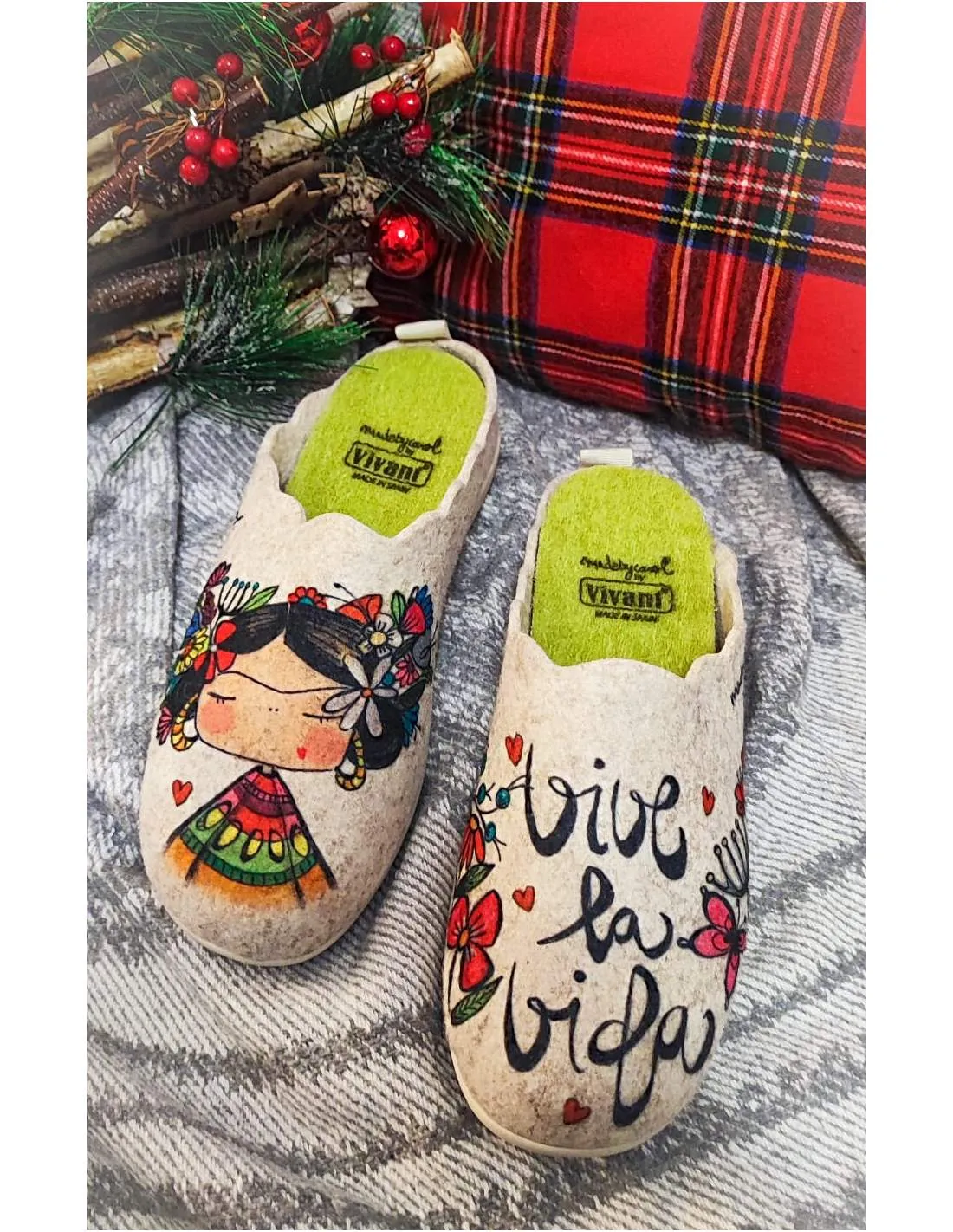 Zapatilla de Casa "Vive la vida" Fieltro Beig