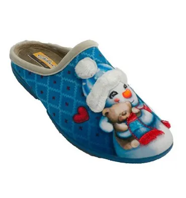 Zapatilla mujer abierta detrás muñeco de nieve y corazones Aguas nuevas en azul