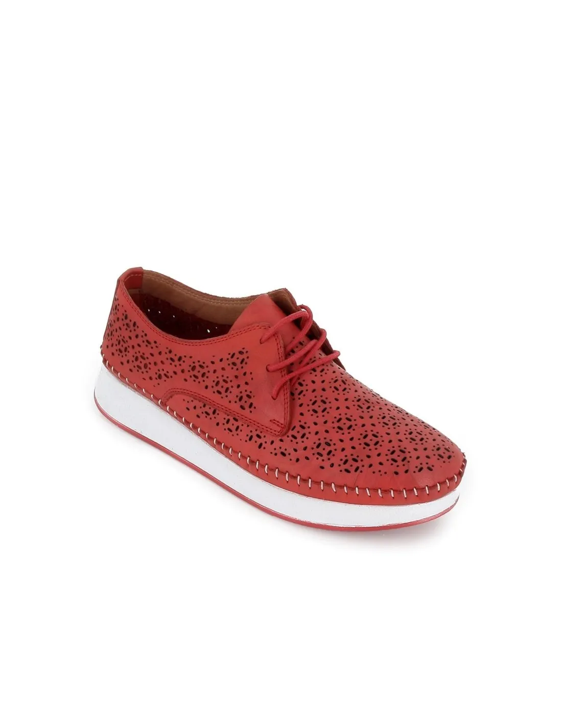 Zapato rojo plano cordones con calados mujer  Erase